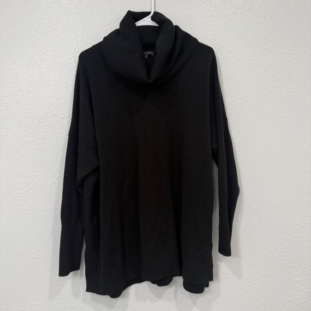 French Connection Black Cowl Neck Tunic Sweater Womens 1X Ribbed Knit Side Slit